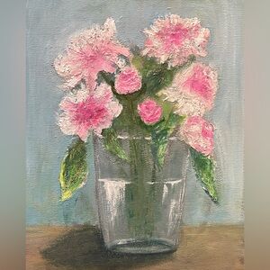 Original hand painted textured vase floral flowers pink wall art